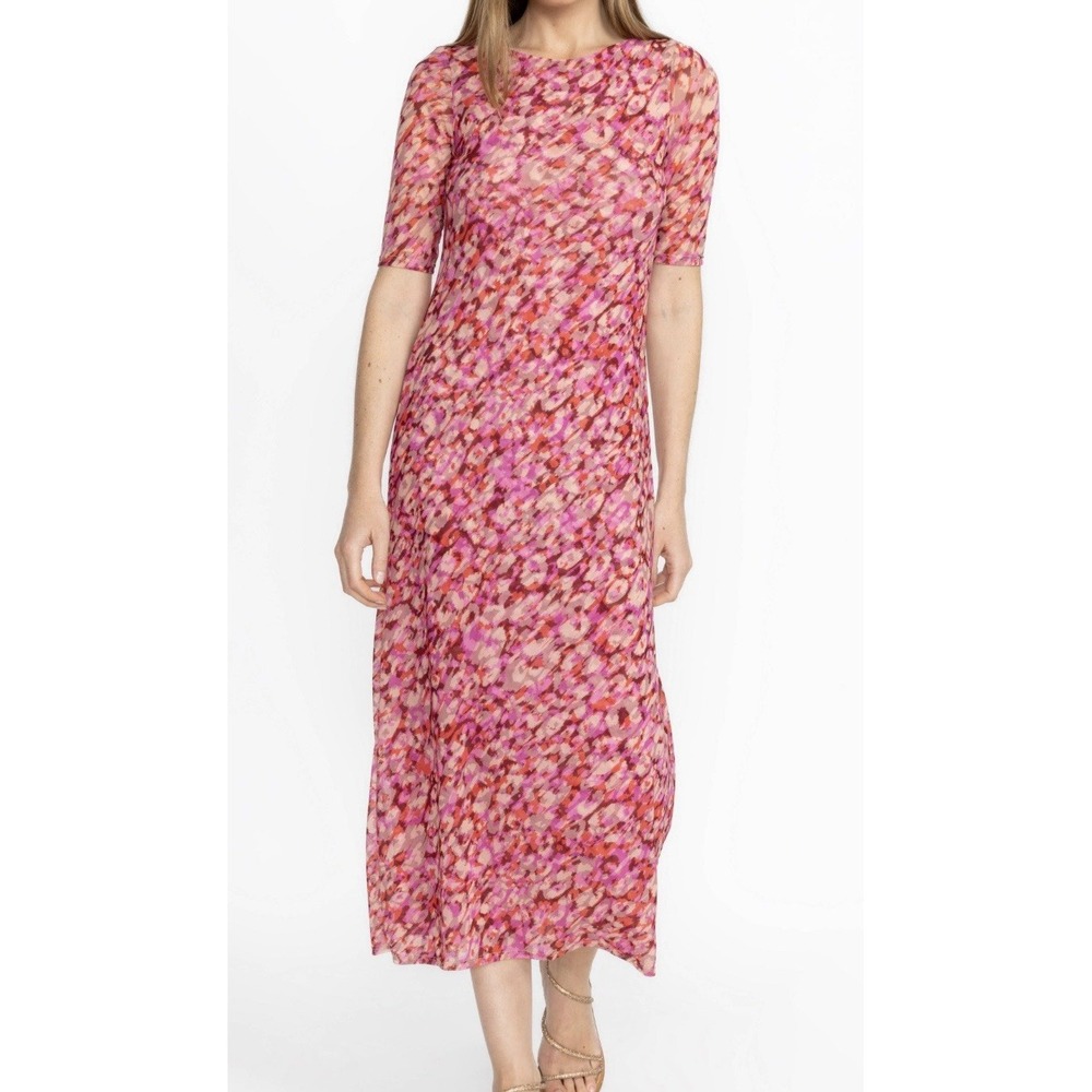 Johnny Was JADE Mina Mesh MIDI Dress Abstract Pink Multi Artsy Stretch Feminine